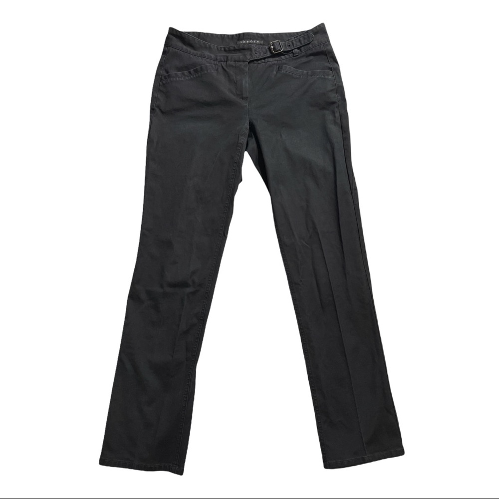 Theory Womens Straight Fit Pants Size 2 Black Trousers Buckle Work Casual